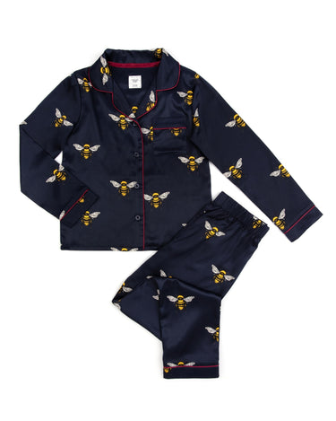 Kids' Navy Bee Satin Button Up Long Pyjama Set